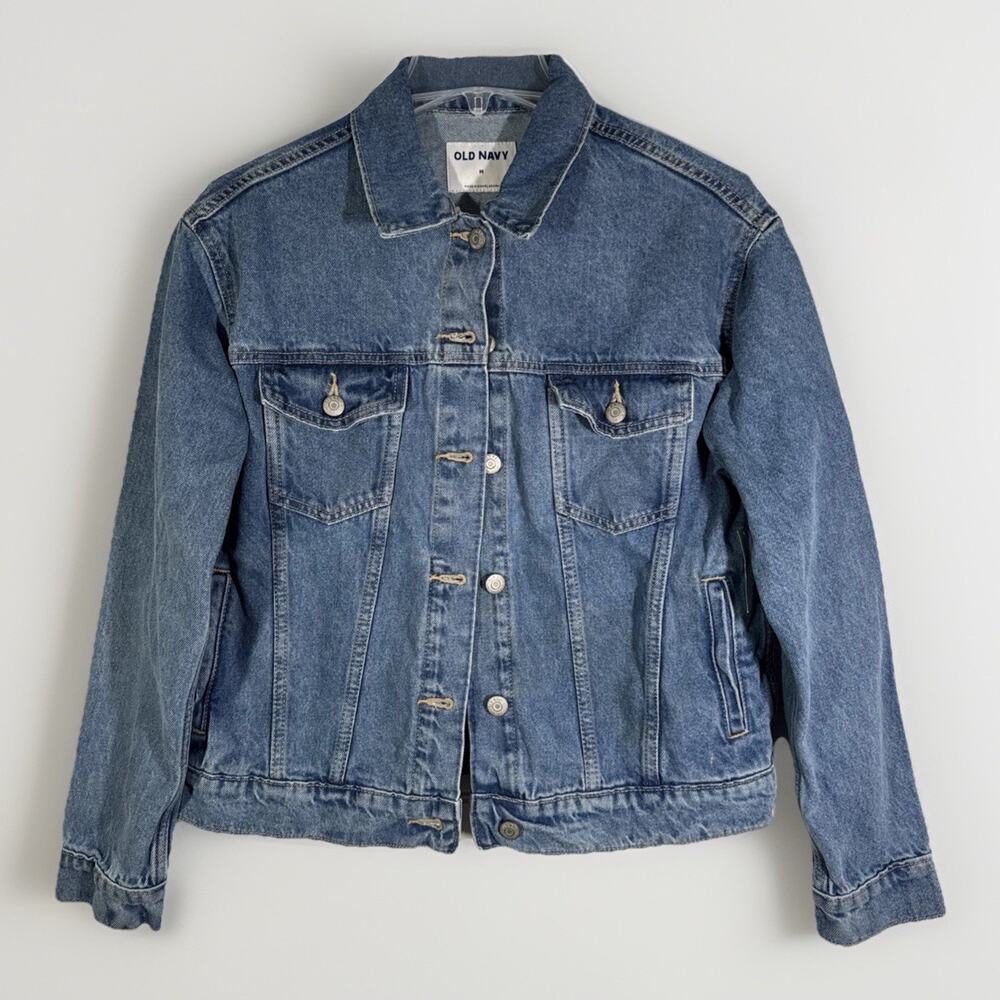 Retro 90s Old Navy Jean Jacket - Womens M - Blue Denim Trucker Crop Boxy Fit